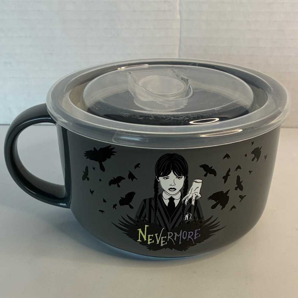 Wednesday Addams Nevermore Academy ceramic soup or snack mug with lid